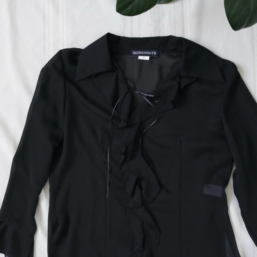 Black sheer mesh ruffle bell sleeve blouse - Picture 2 of 8